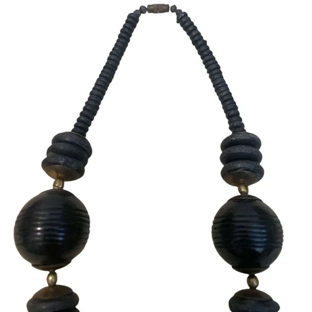 Handmade Two Tones Wood & Brass Chunky‎ Black & Gold Bulky Beads Necklace